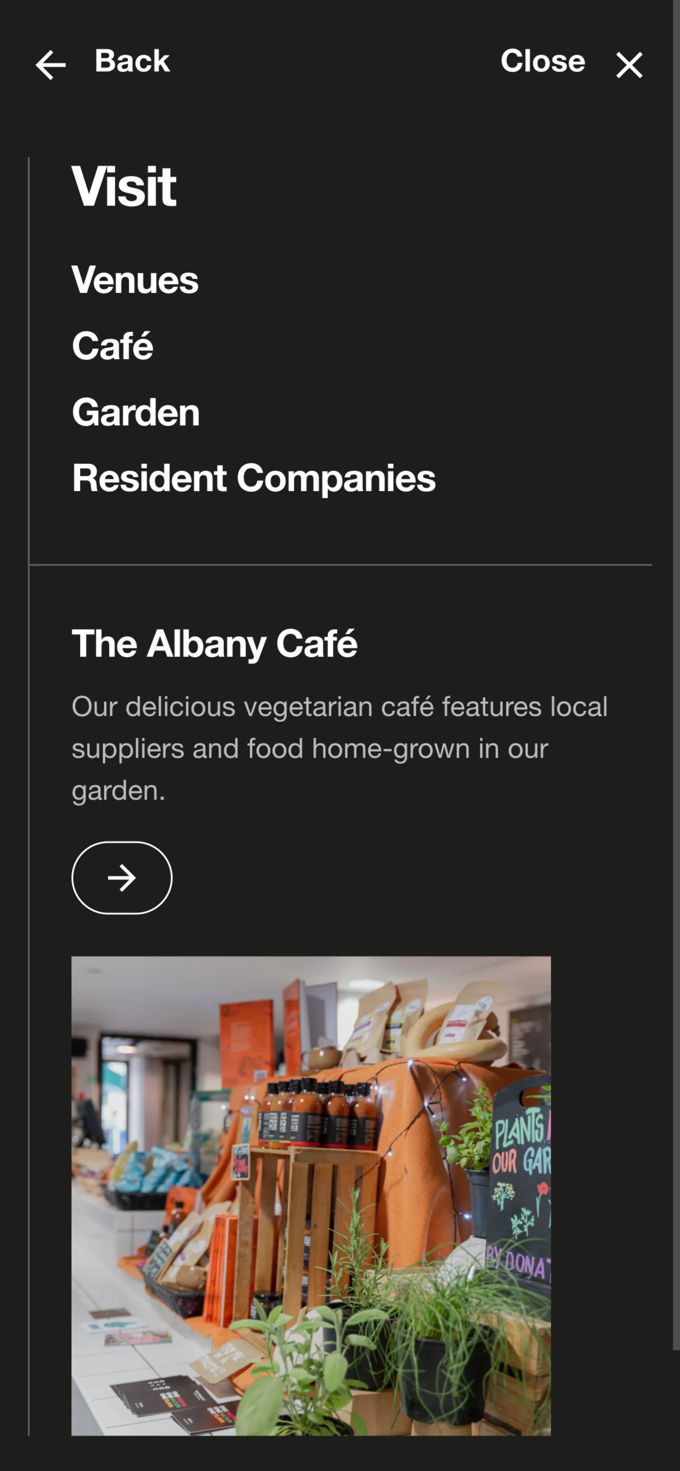 Mobile interface menu page with various navigation options
