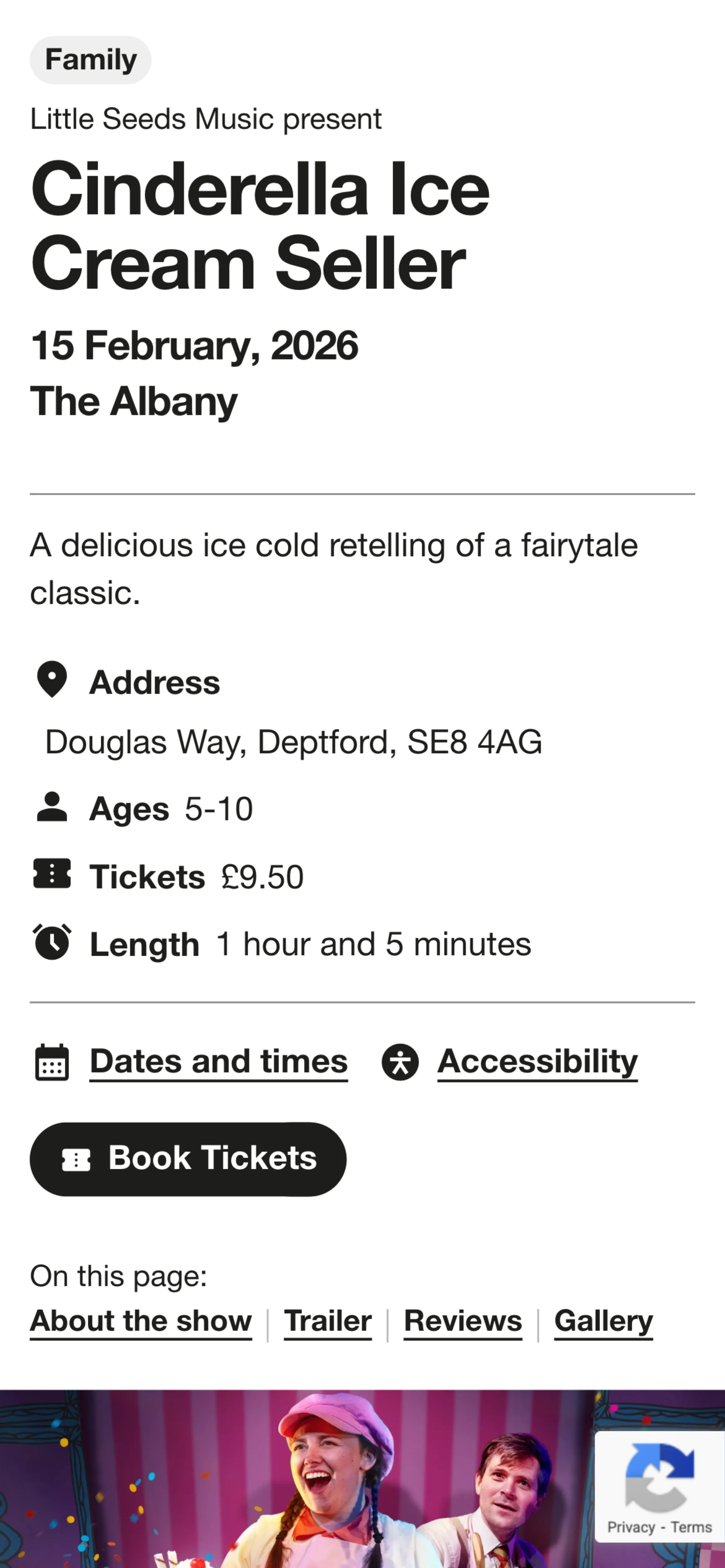 Mobile interface for a theatre production with show details and "book tickets" button