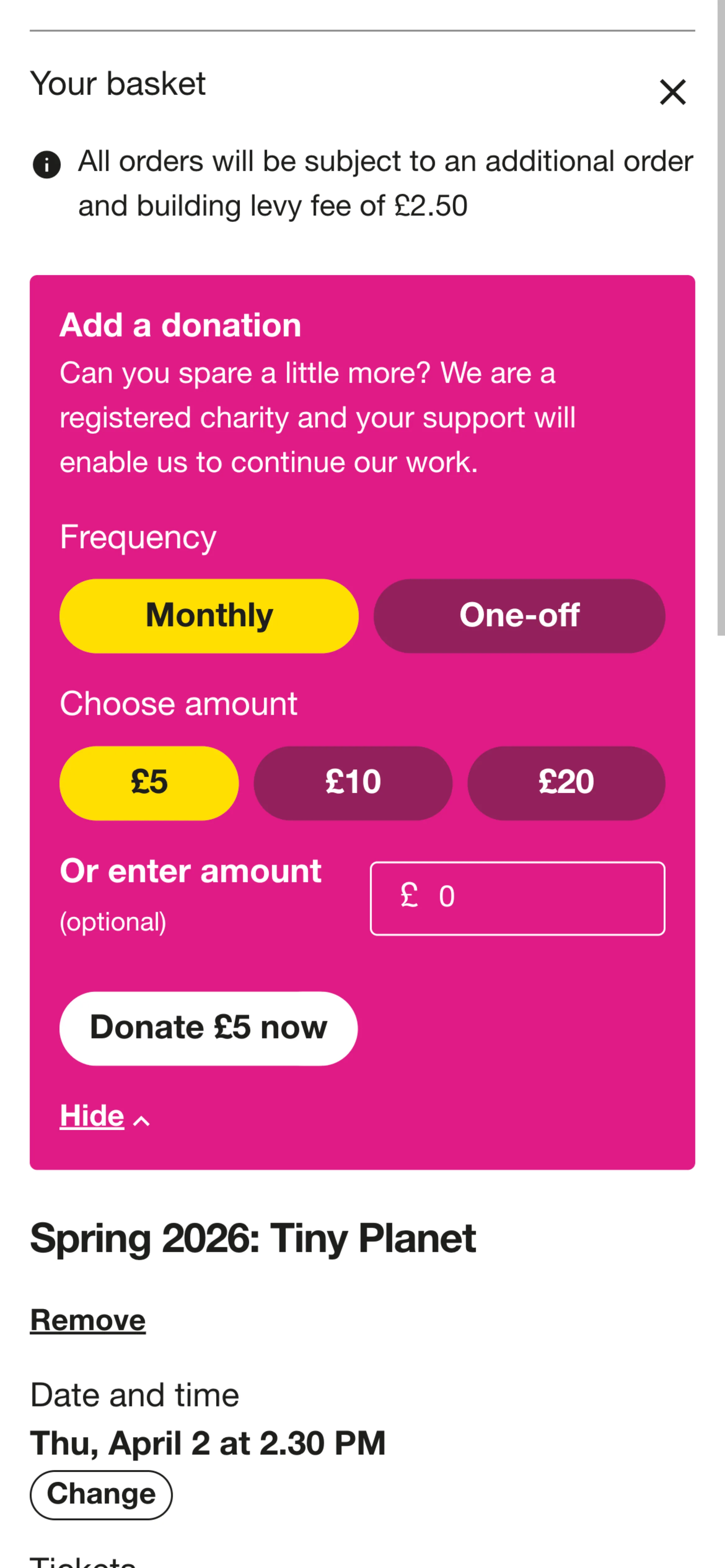 Mobile interface of a booking process with in-line donation options.