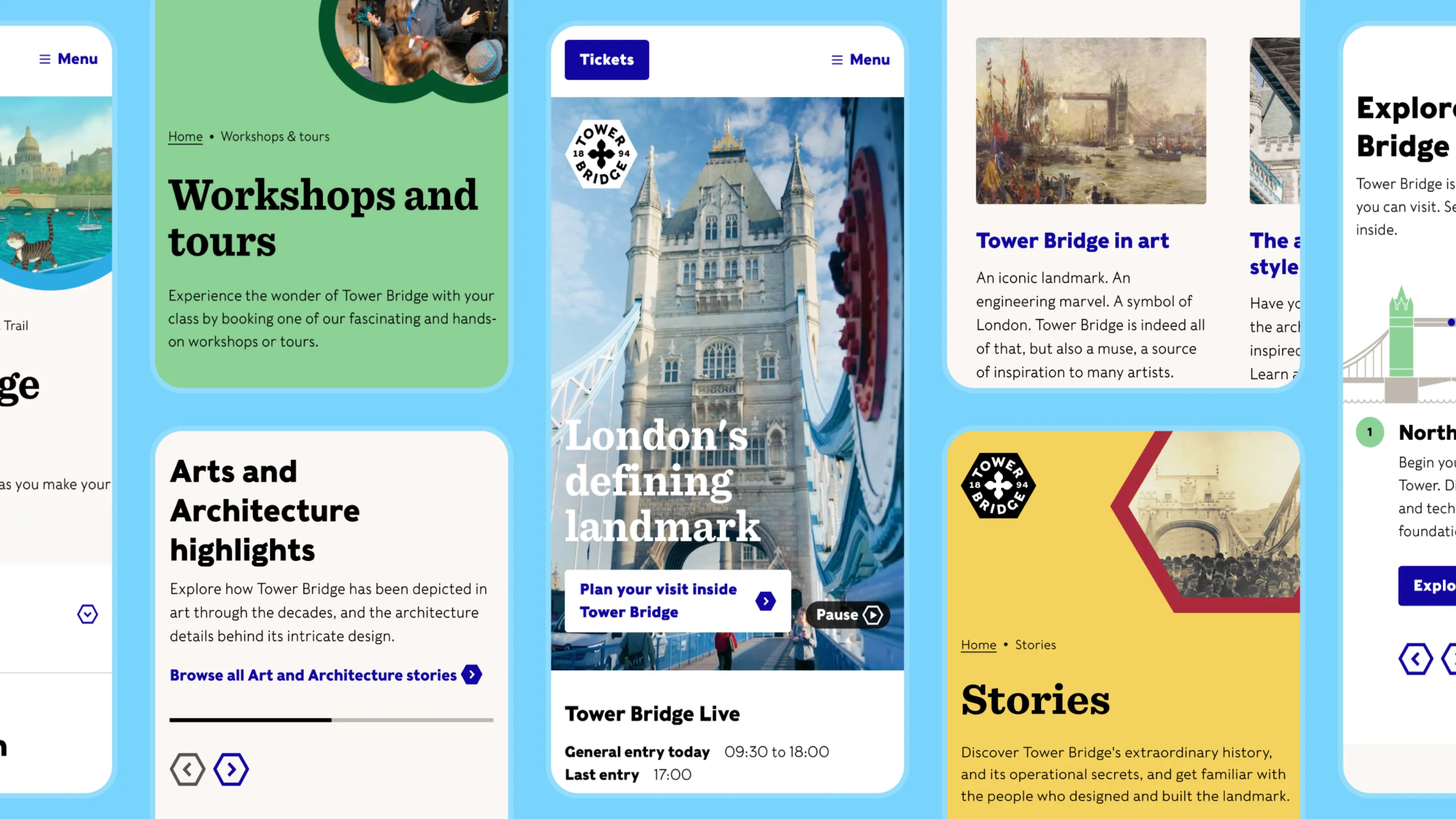 A series of mobile design layouts from the Tower Bridge website