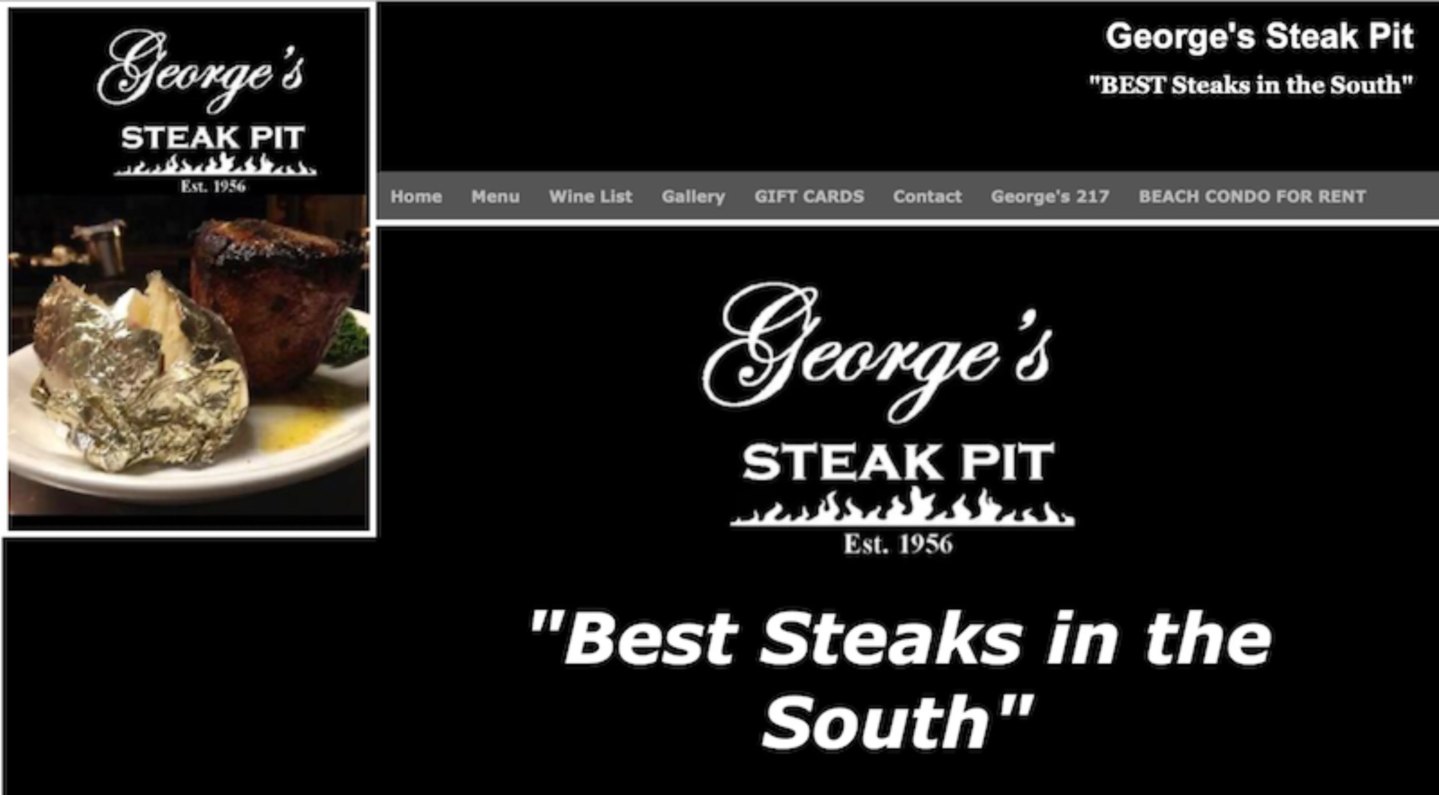 Screenshot from George's Steak Pit showing a dated website layout. The main element is a large quote: Best Steaks in the South