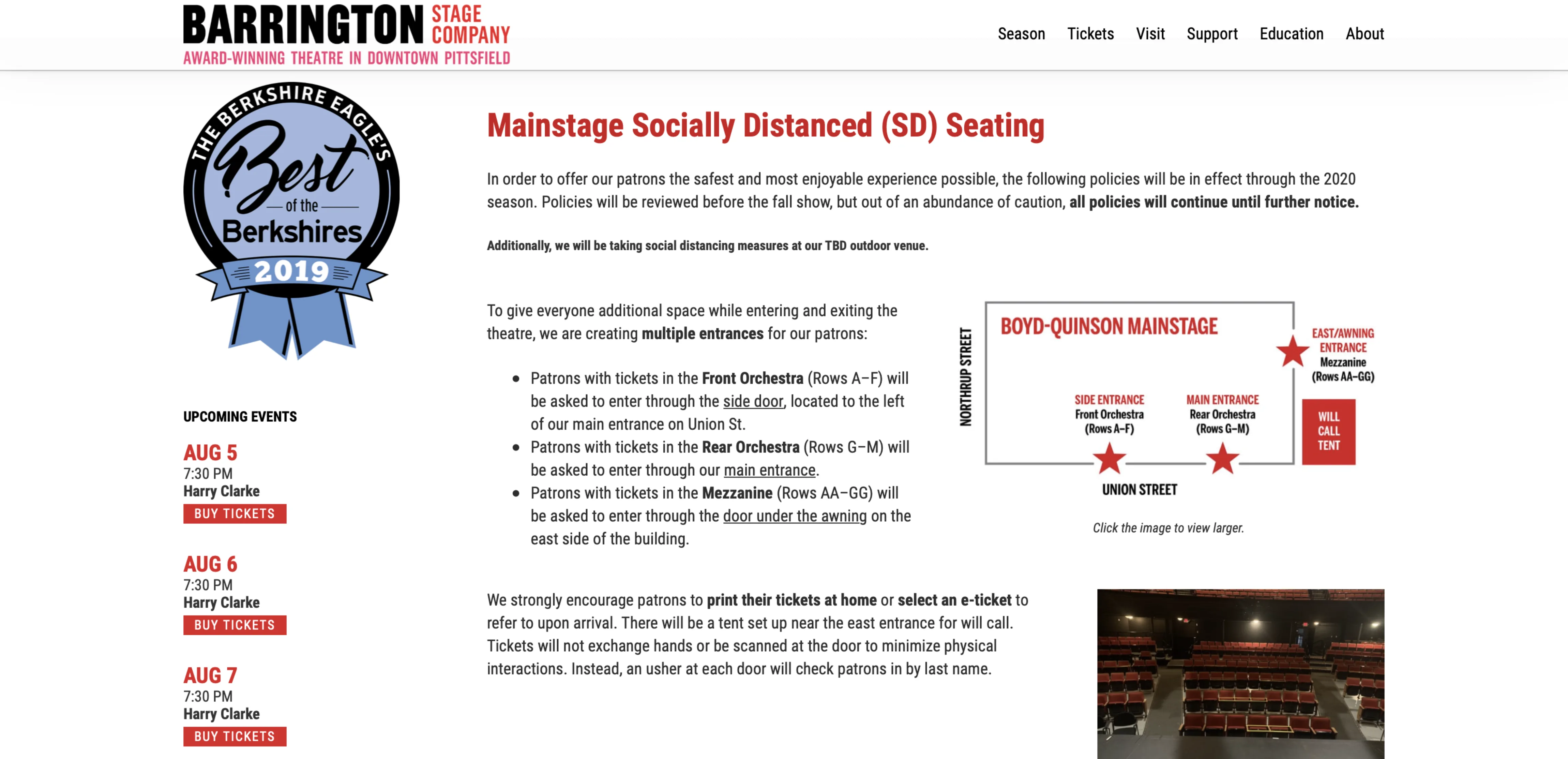 Screenshot showing the Barrington Stage Company social distancing page