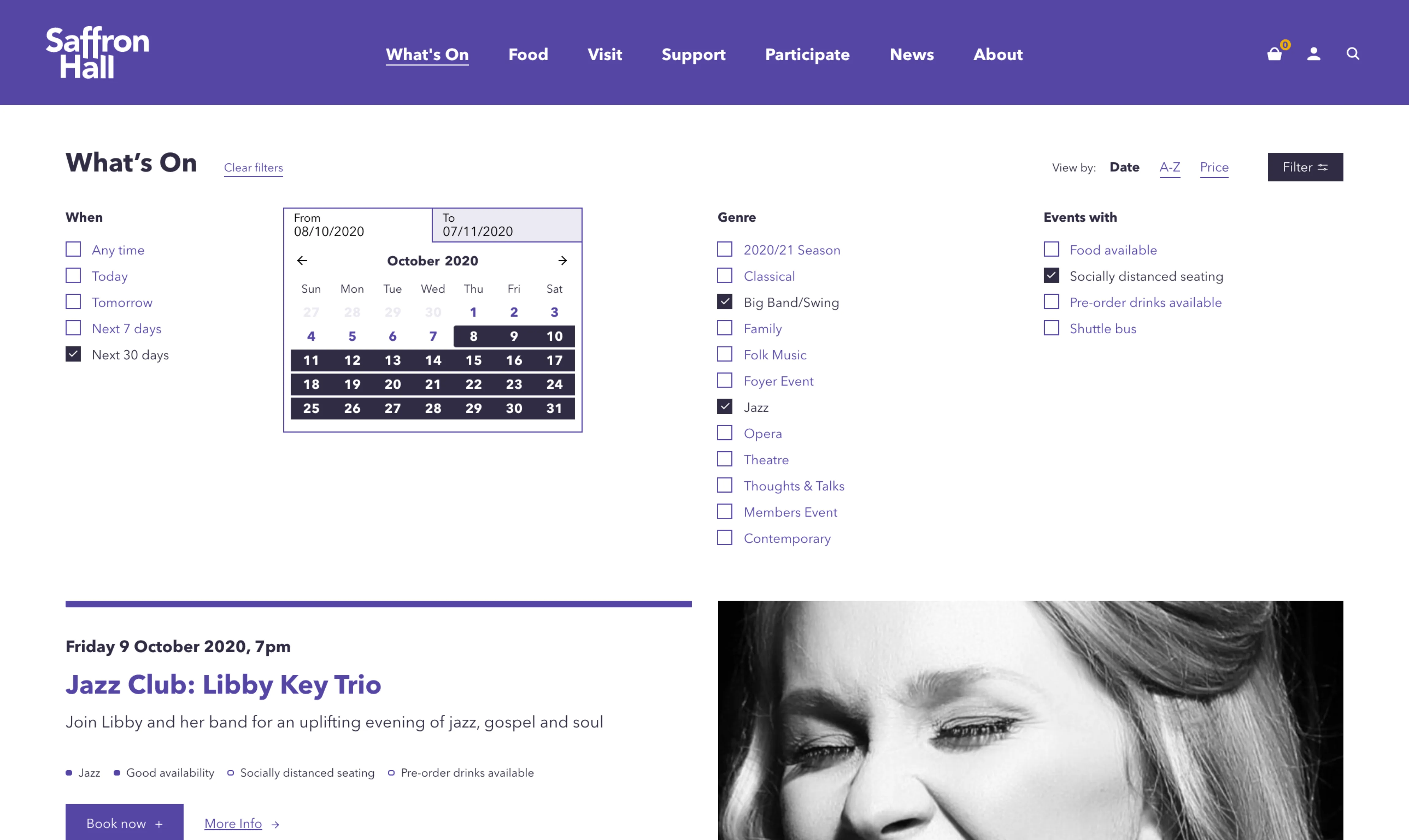 Screenshot of Saffron Hall's website showing how the Spektrix API can display the event calendar and filter events with different criteria