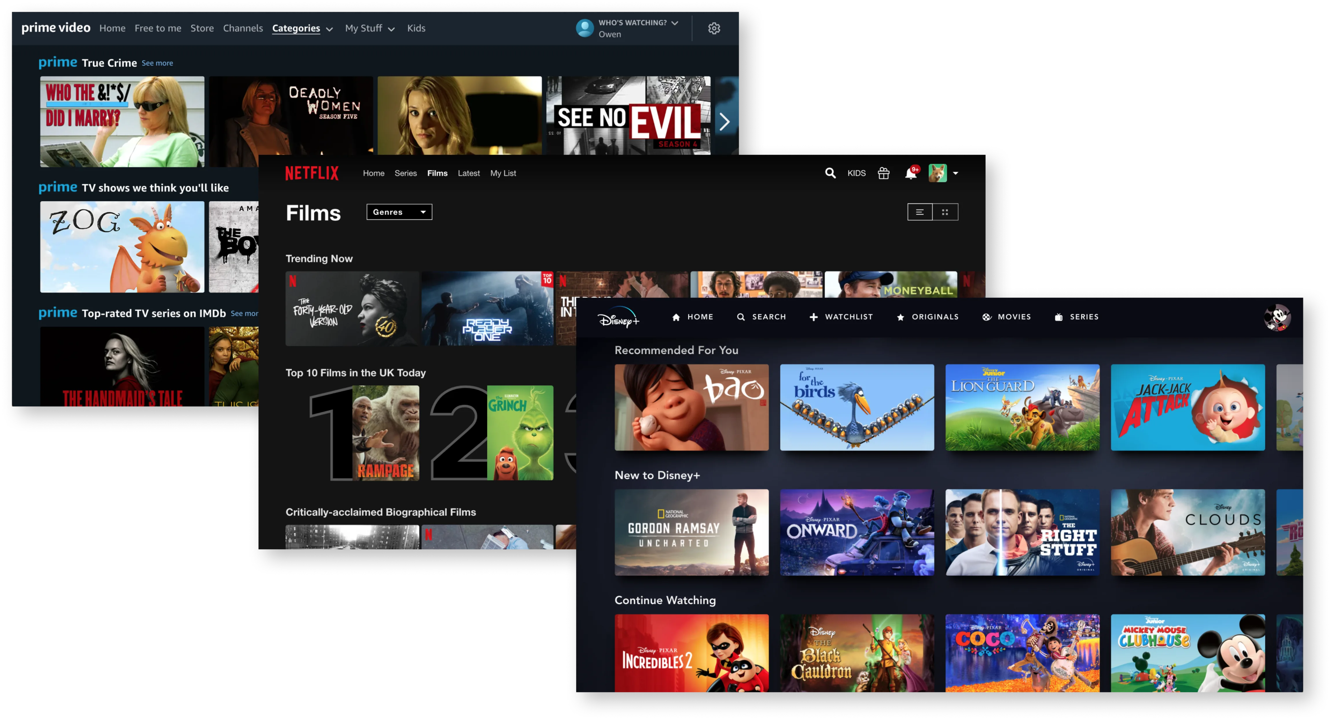 Three user interfaces that look very similar, all have dark backgrounds, rows of grouped shows scrolling off-screen to the right, primary navigation along the top and account icons top right