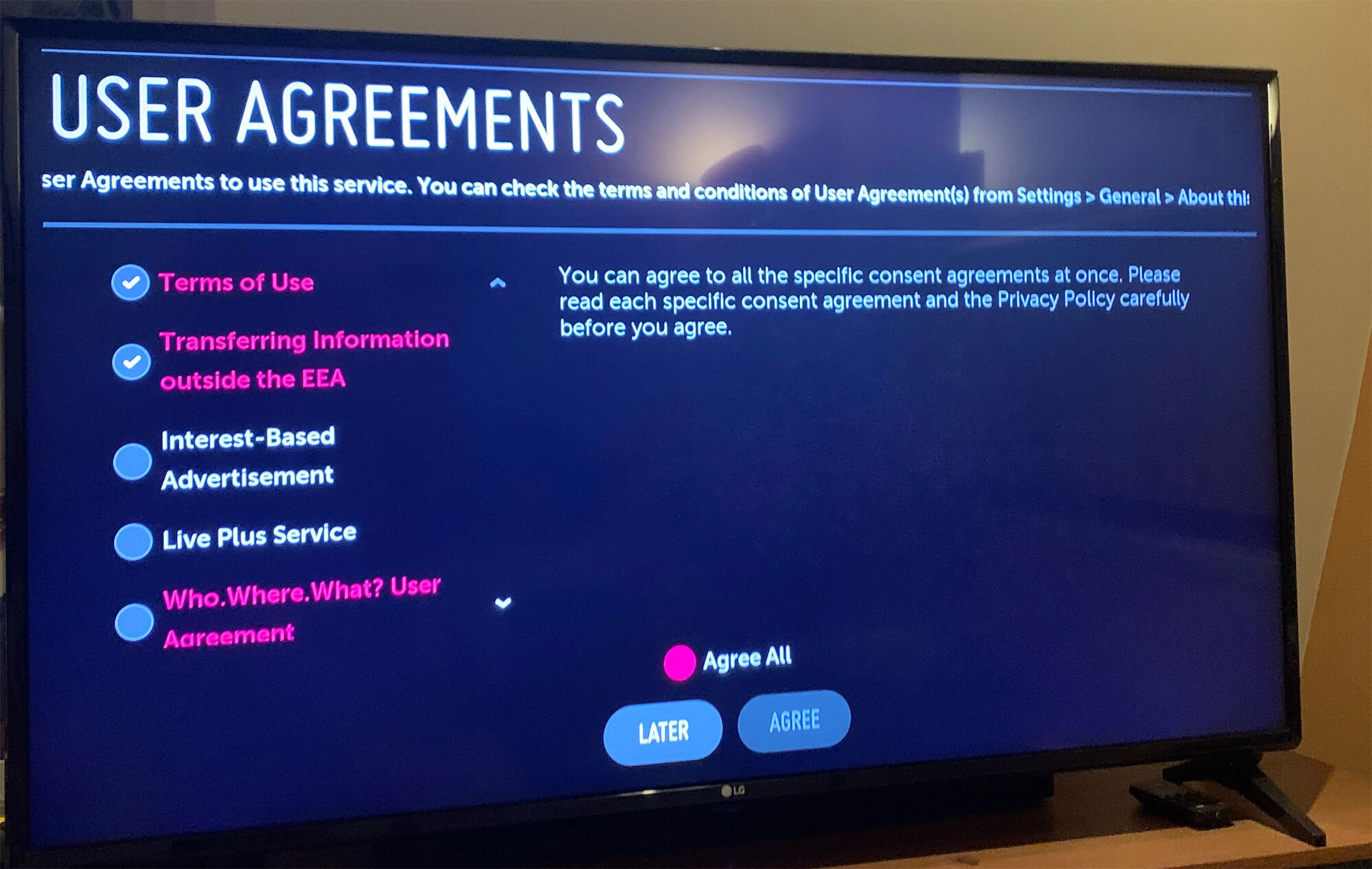 Screenshot showing user agreements needed to advance to additional content