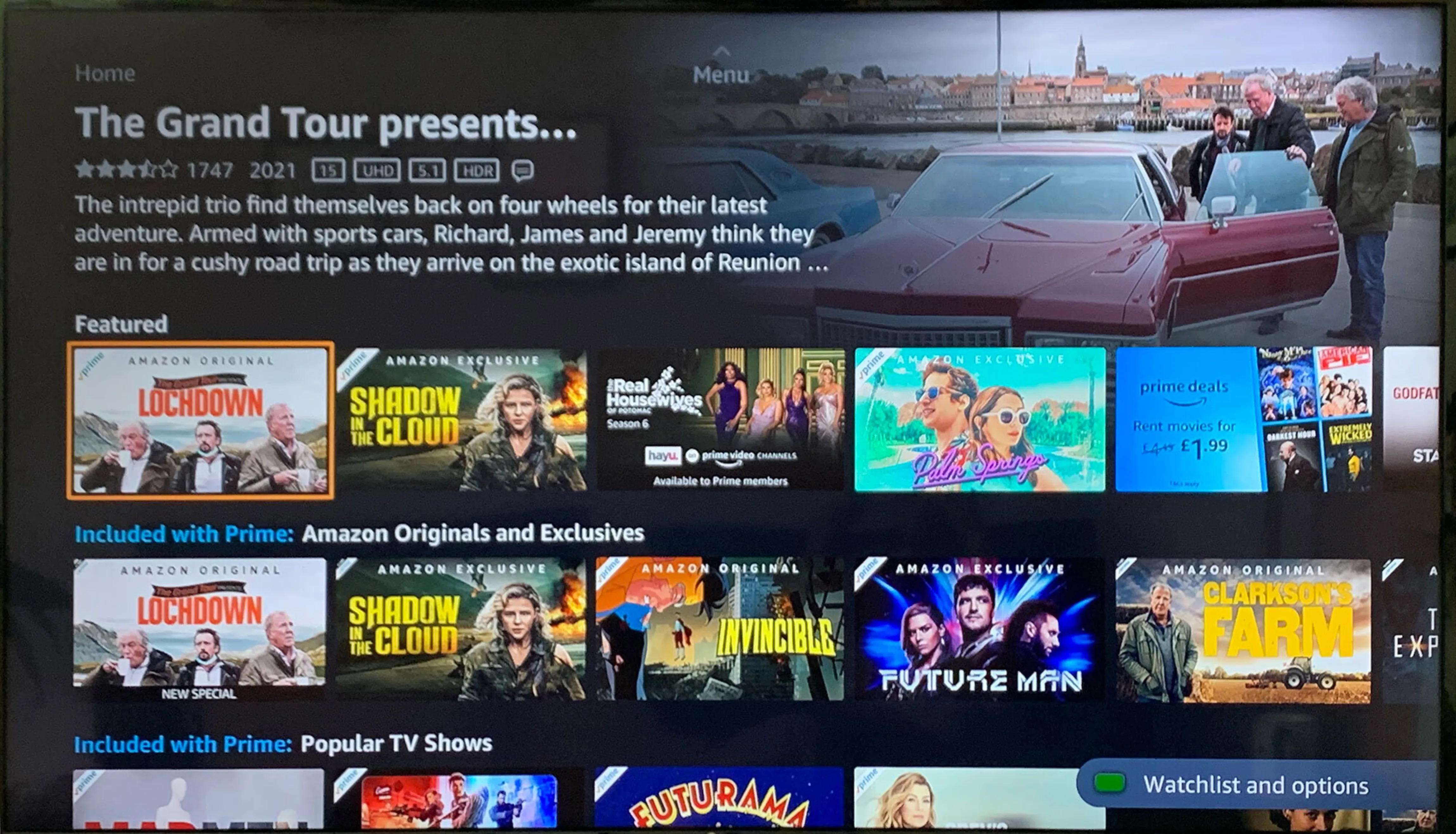 Screenshot of the Amazon Prime Video homepage showing Grand Tour content three times, about a quarter of the shows on display..