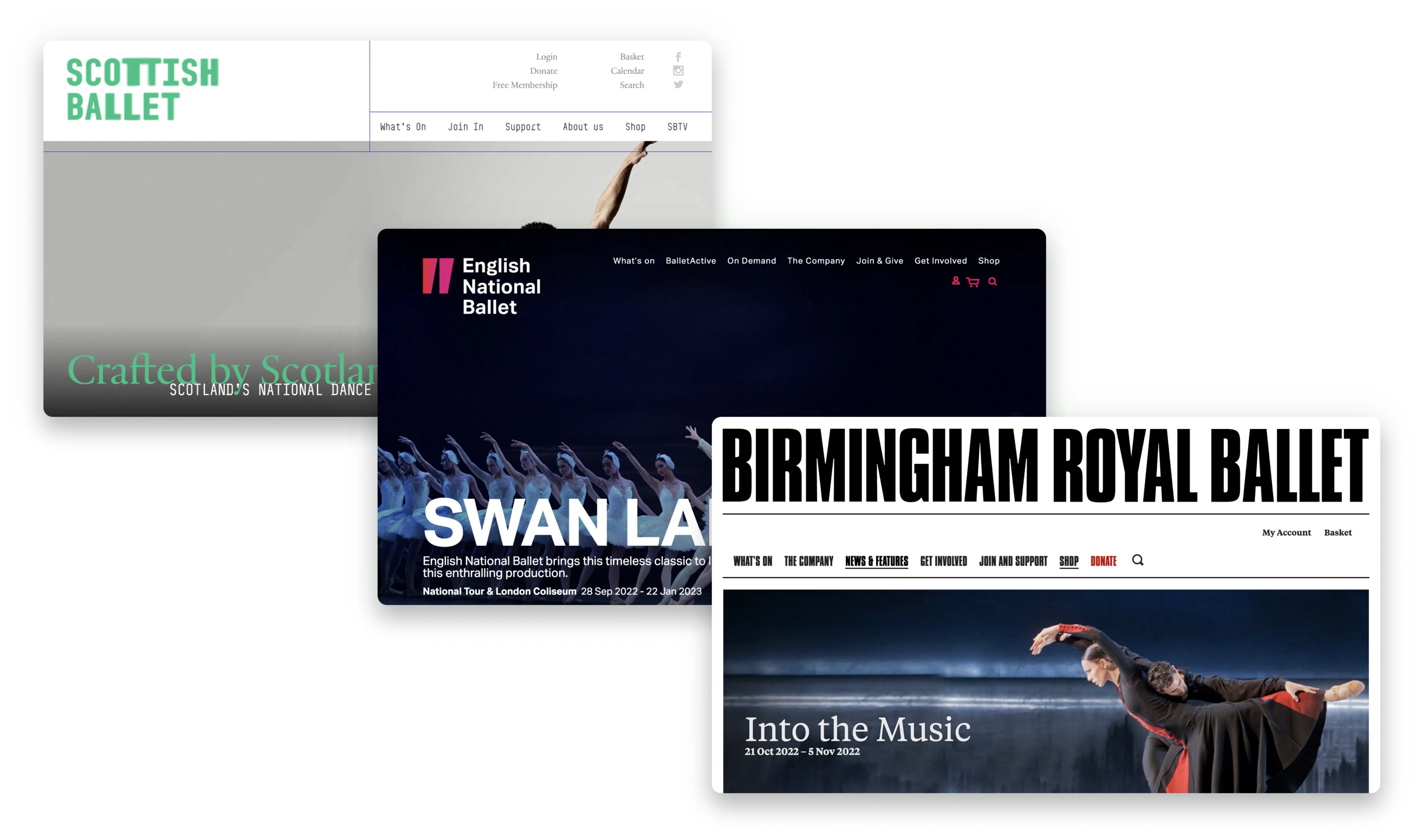 Three screenshots showing the site navigation options for Scottish Ballet, English National Ballet and Birmingham Royal Ballet