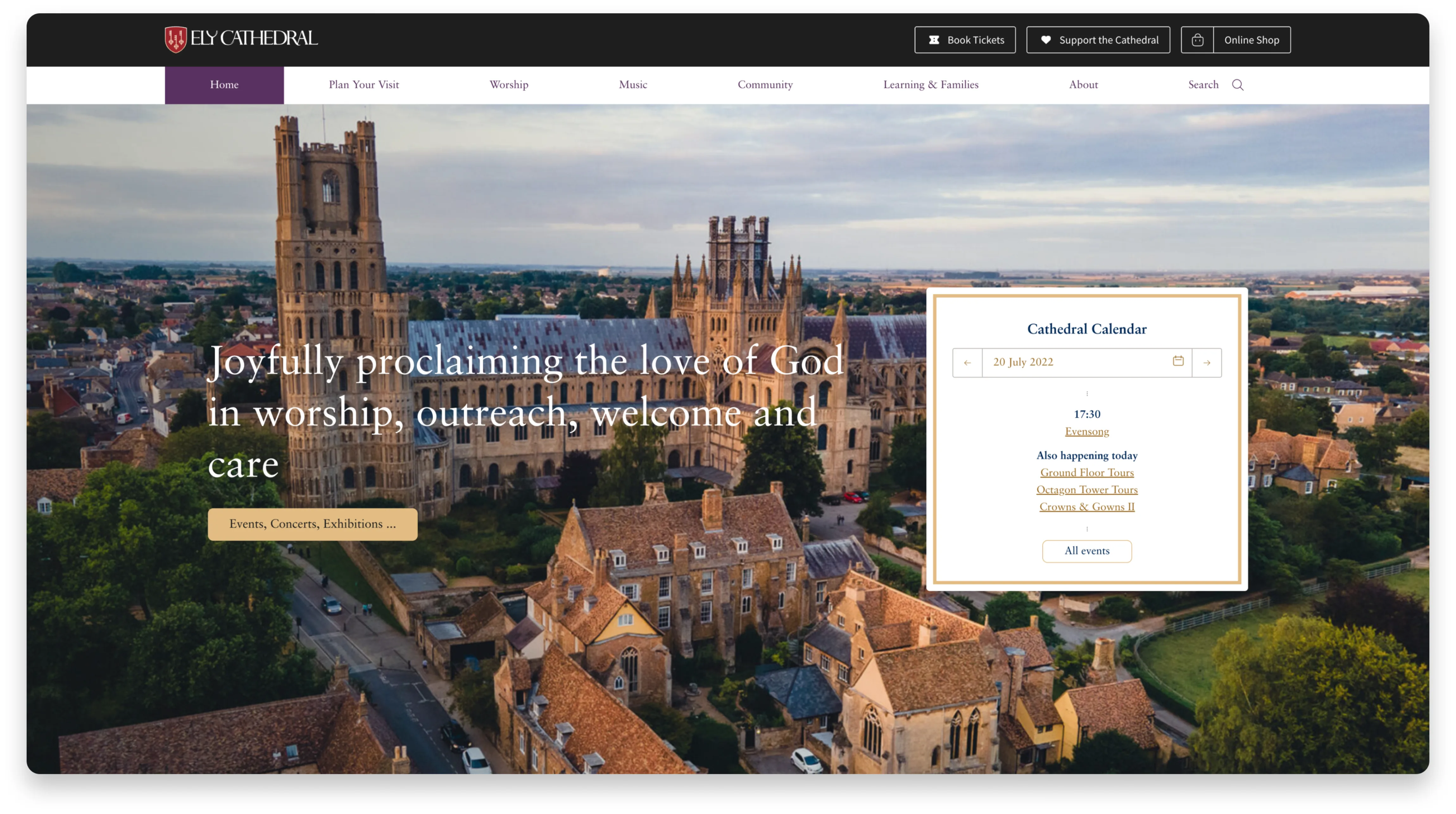 Screenshot showing the homepage of Ely Cathedral's website with the daily calendar of events in prominent position above the fold