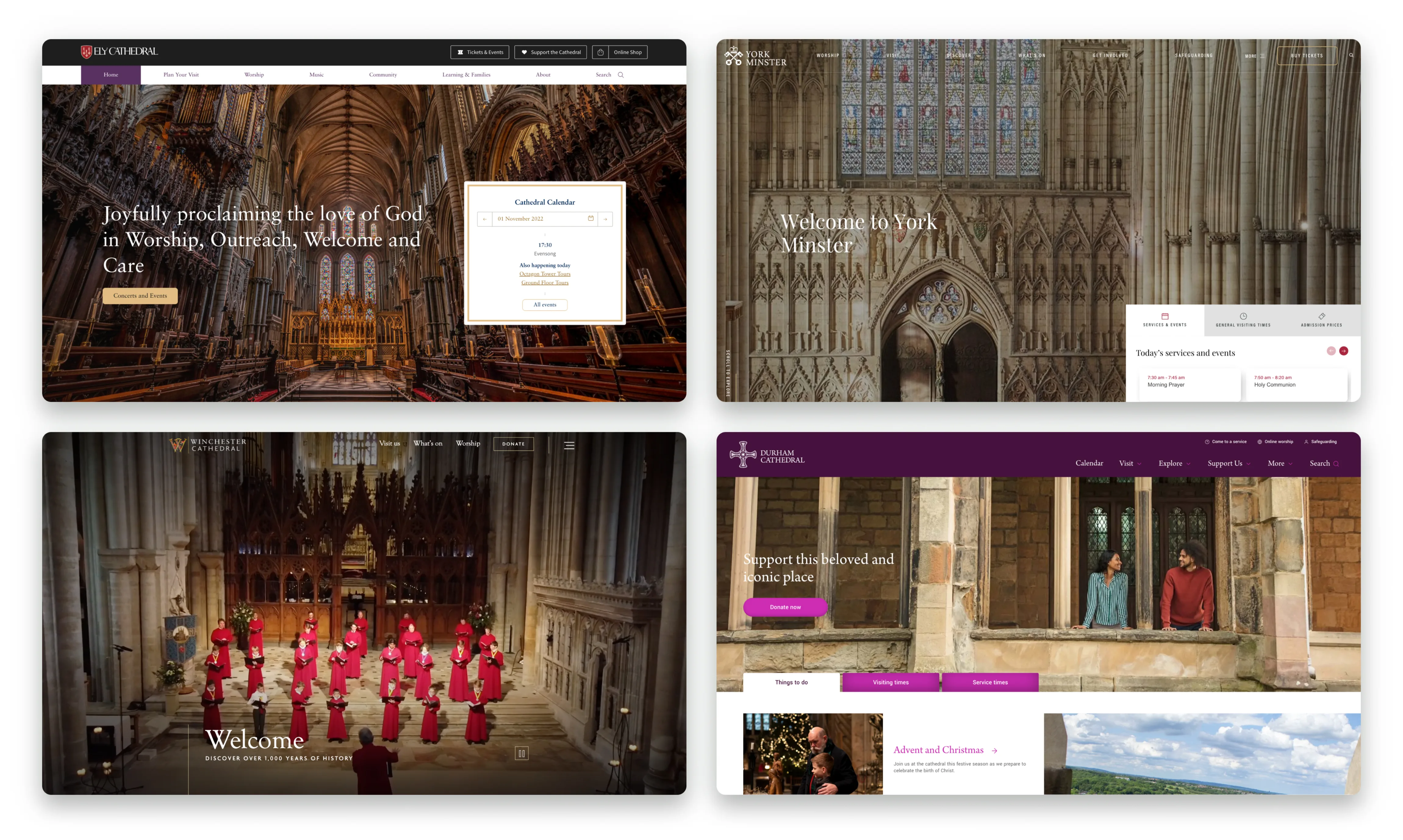 Four screenshots of the website homepages of Ely, York Minster, Durham and Westminster cathedrals