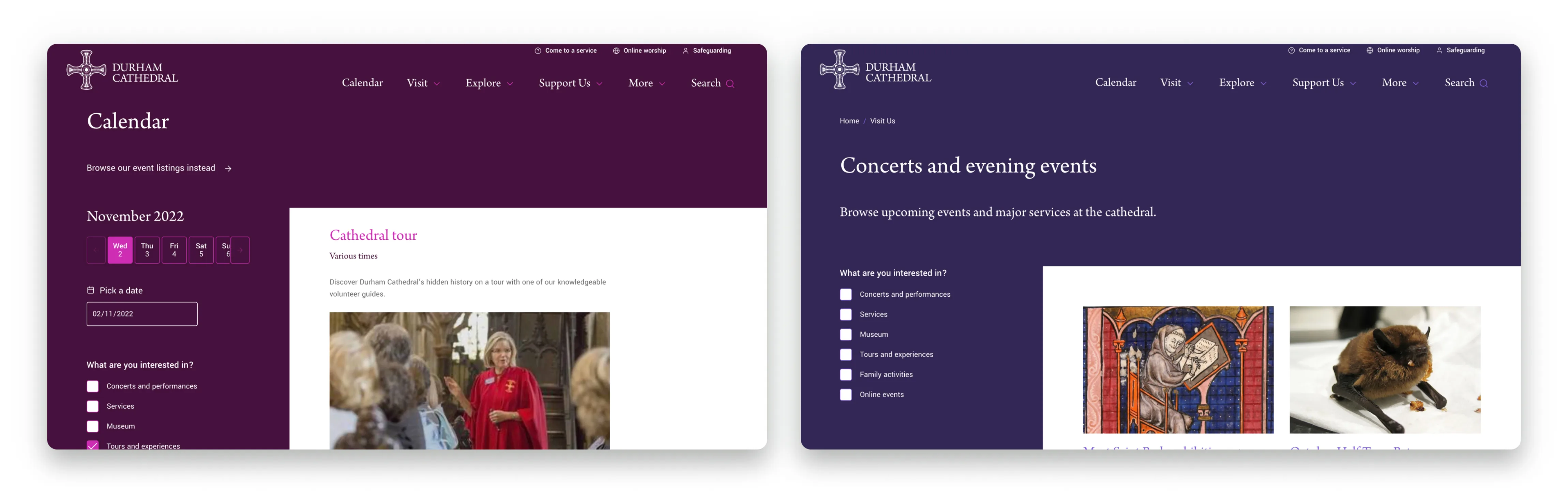 Two screenshot showing different ways of finding events and things to do at Durham Cathedral
